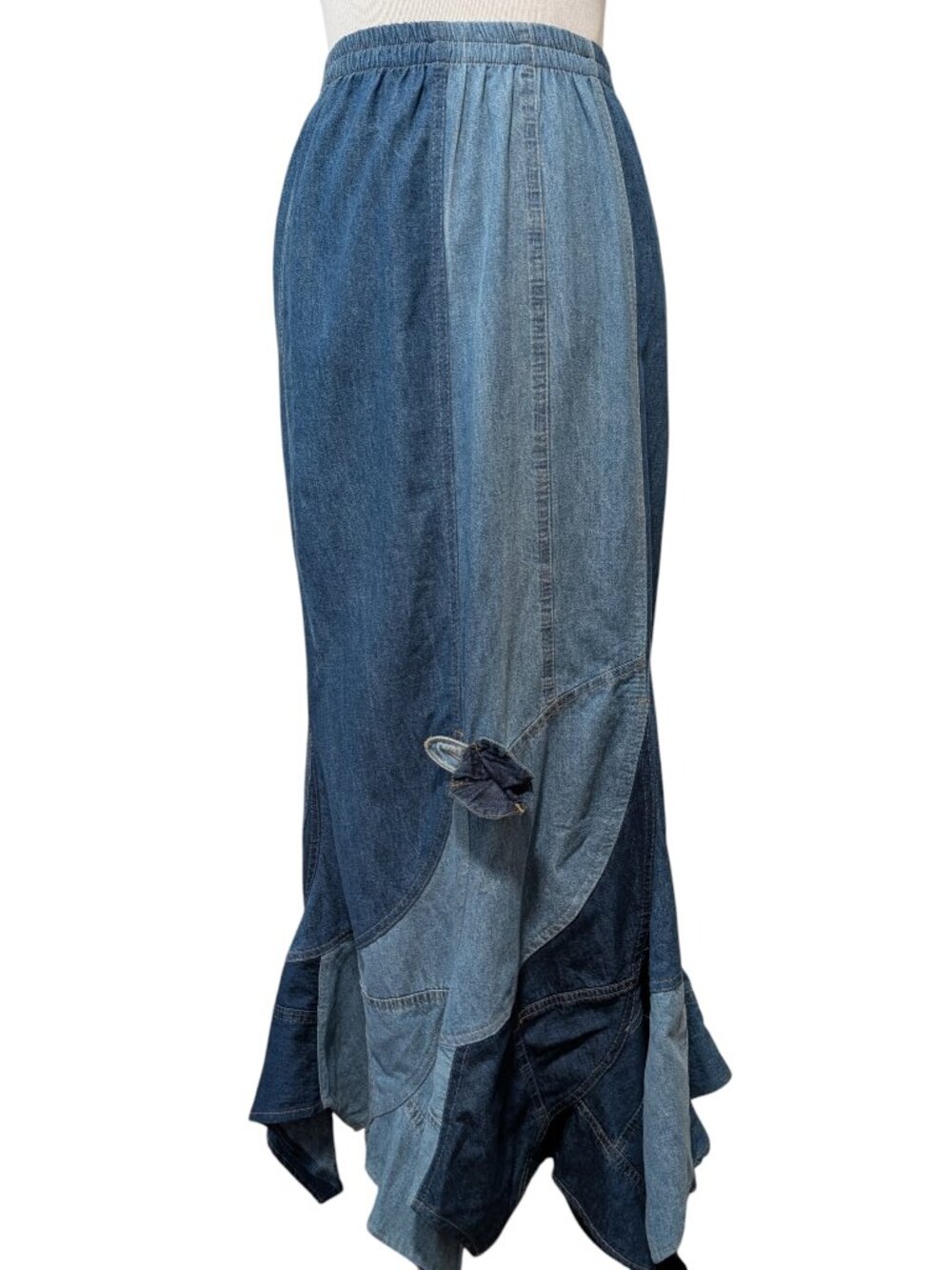 A Spence Spencer Alexis Vintage Sz S Mixed Wash Patchwork Asymmetric Denim Skirt